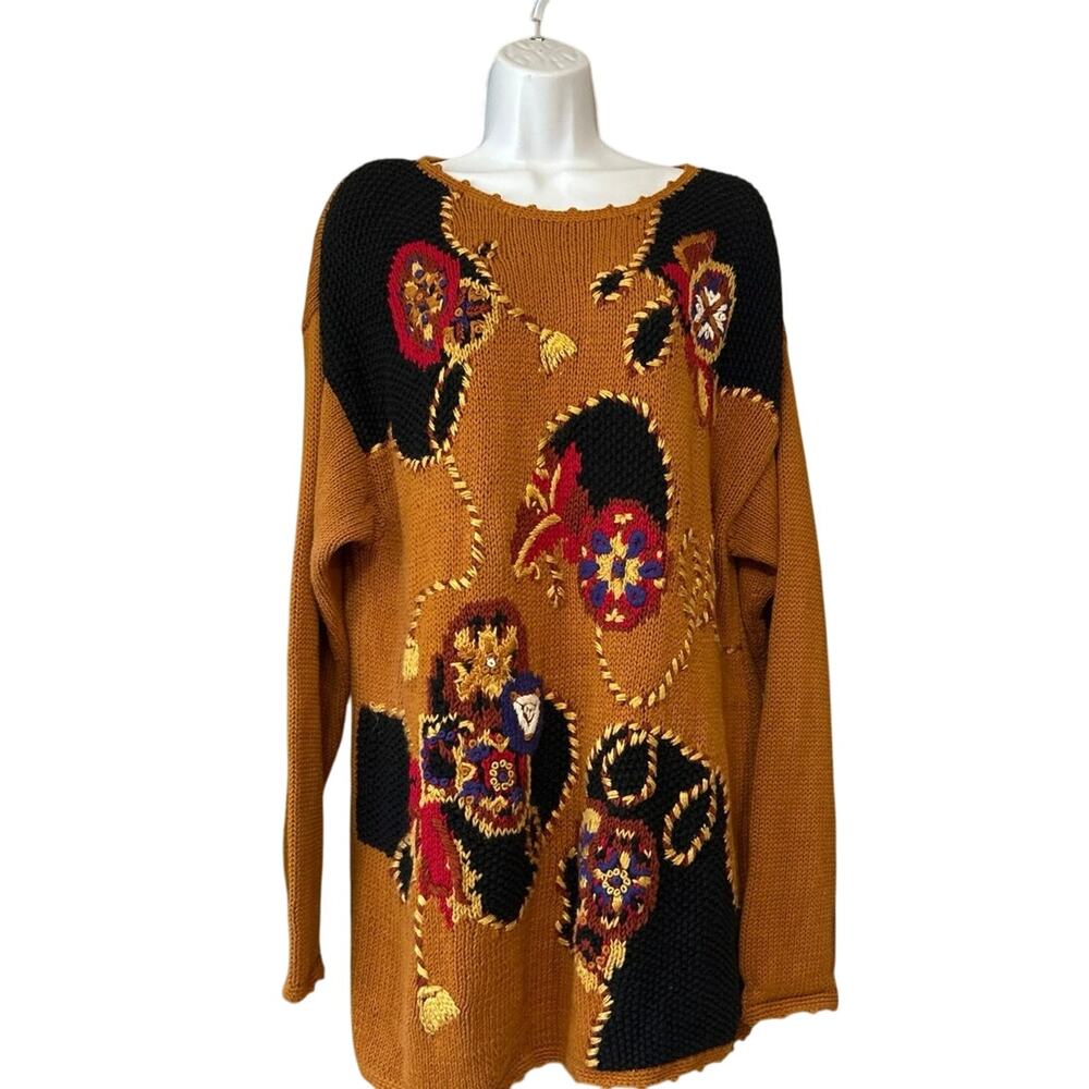 Vtg 80’s Sweater Rust MultiColor Oversized Women’s L, SK & Co. Hong Kong